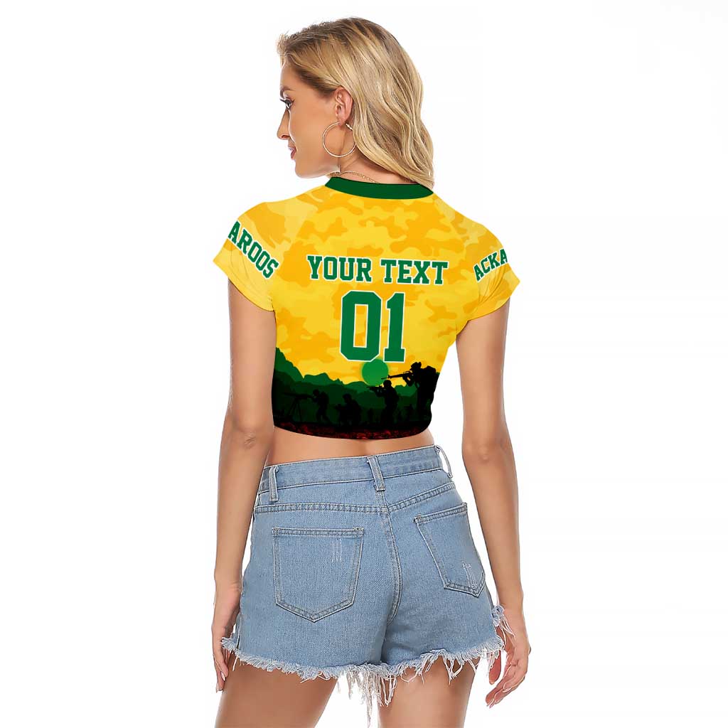 Personalized Australian Jackaroos ANZAC Raglan Cropped T Shirt Poppy Field Soldiers Silhouette Sunset Commemorative Design