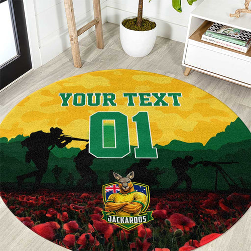 Personalized Australian Jackaroos ANZAC Round Carpet Poppy Field Soldiers Silhouette Sunset Commemorative Design