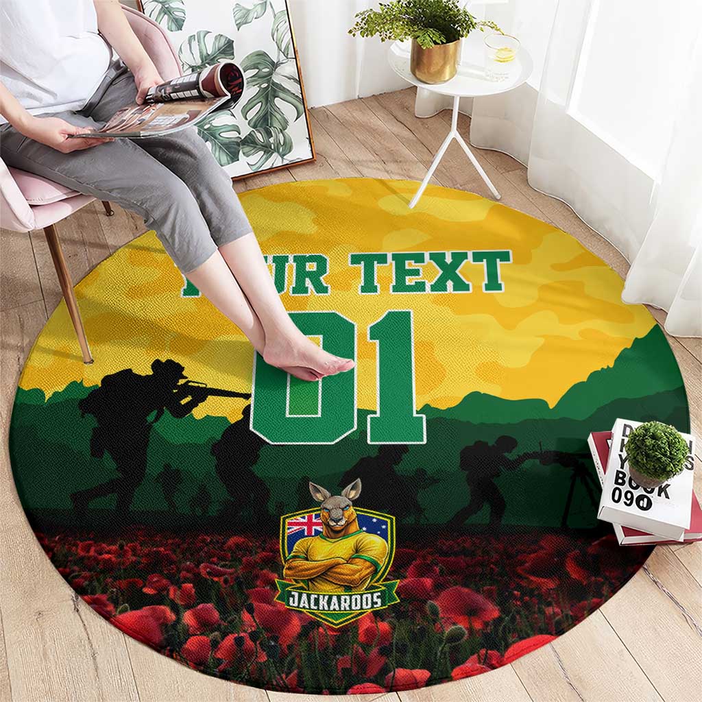Personalized Australian Jackaroos ANZAC Round Carpet Poppy Field Soldiers Silhouette Sunset Commemorative Design