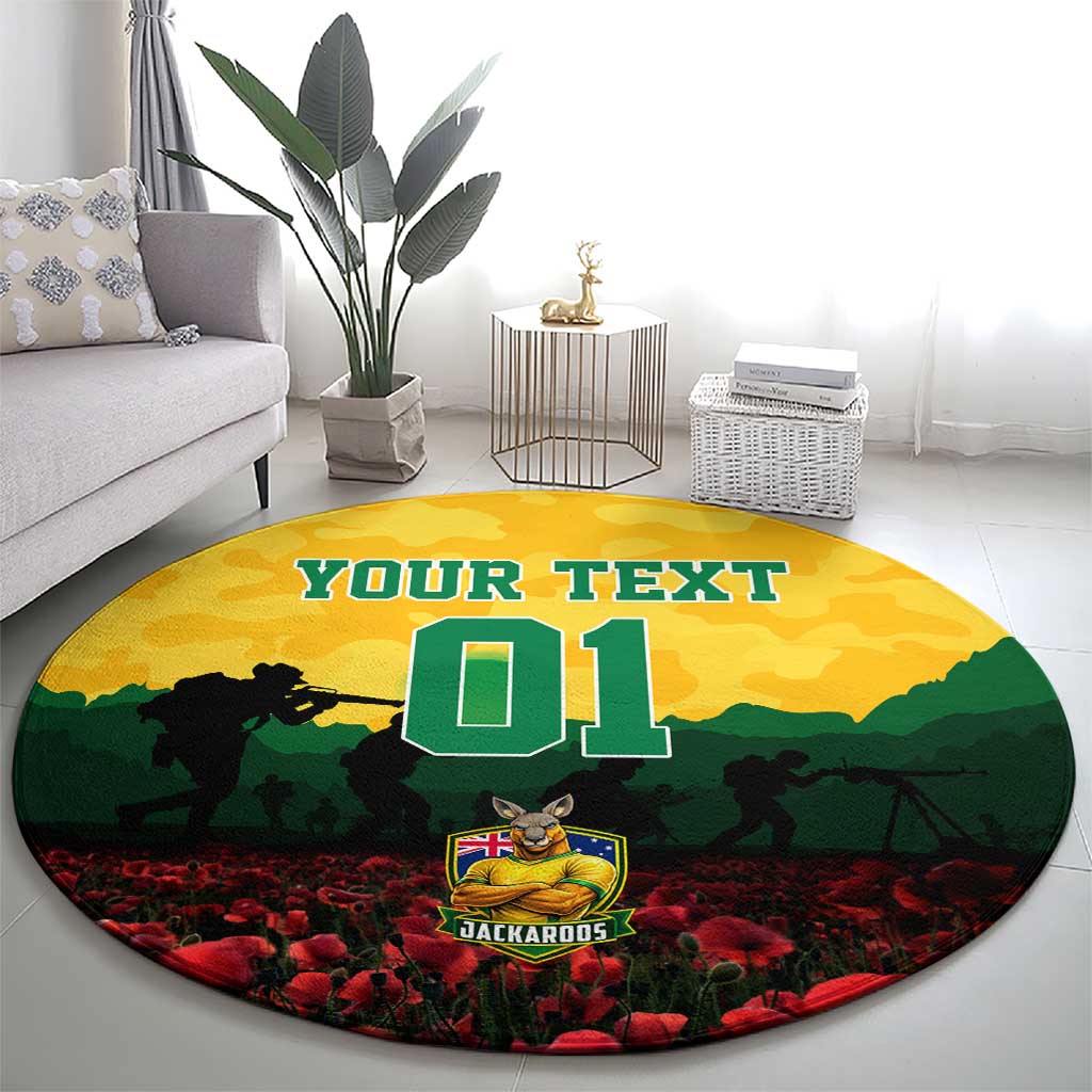 Personalized Australian Jackaroos ANZAC Round Carpet Poppy Field Soldiers Silhouette Sunset Commemorative Design