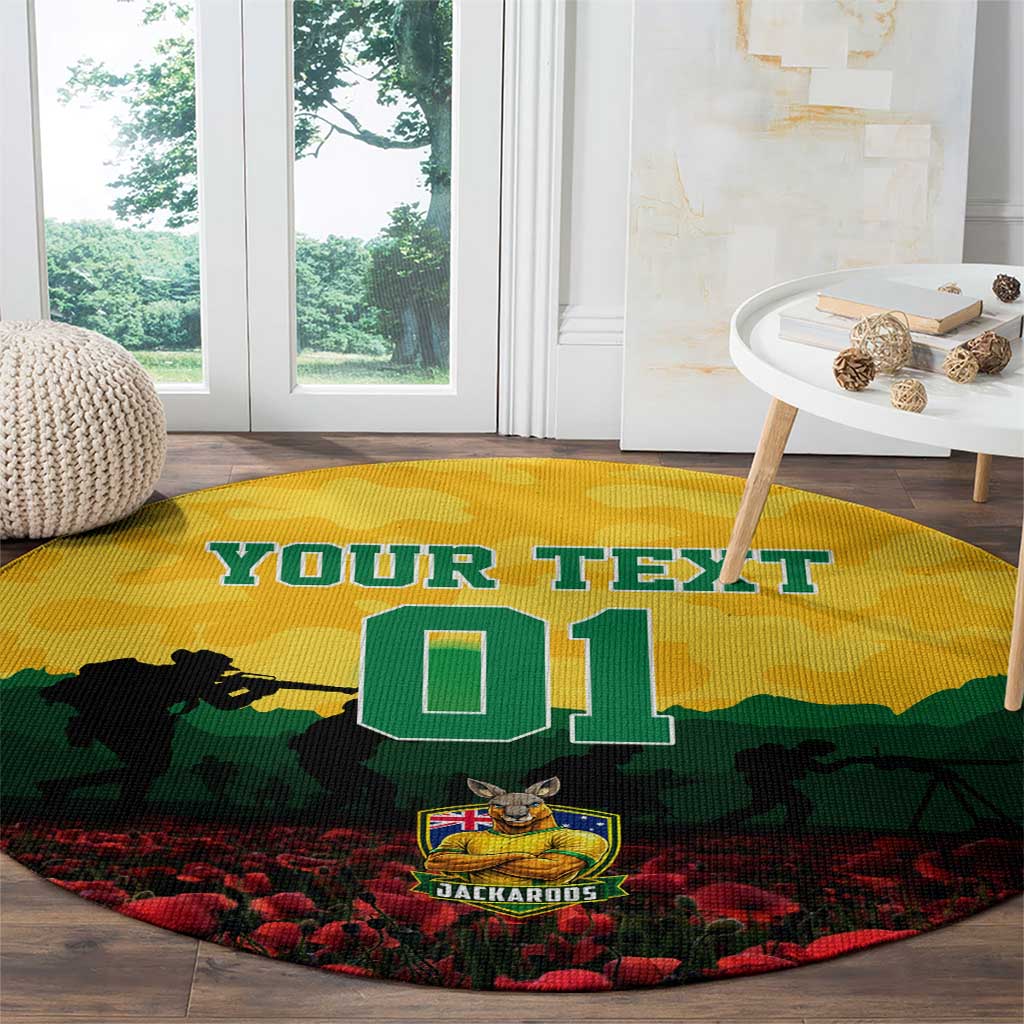 Personalized Australian Jackaroos ANZAC Round Carpet Poppy Field Soldiers Silhouette Sunset Commemorative Design