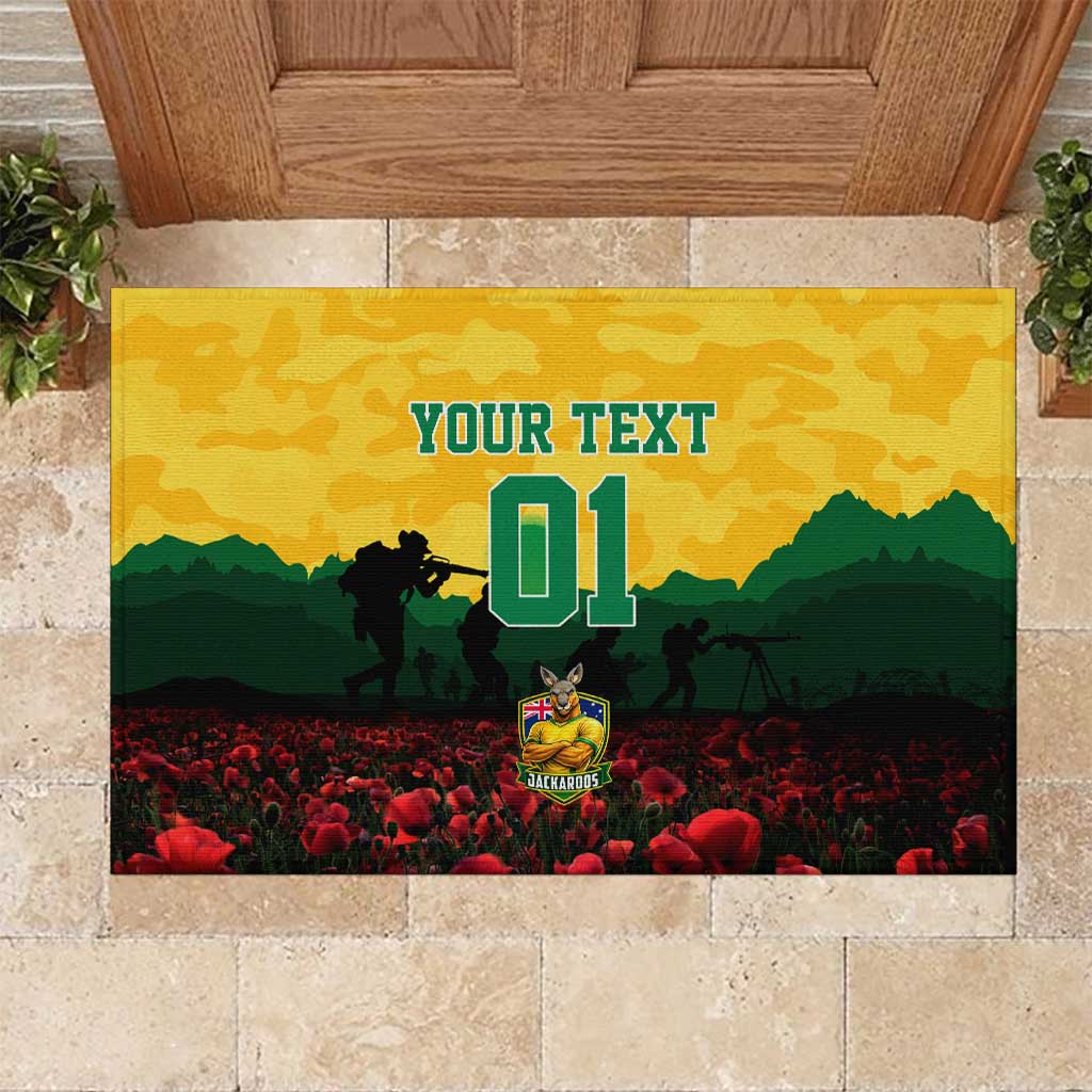 Personalized Australian Jackaroos ANZAC Rubber Doormat Poppy Field Soldiers Silhouette Sunset Commemorative Design