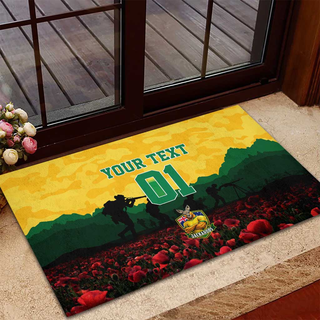 Personalized Australian Jackaroos ANZAC Rubber Doormat Poppy Field Soldiers Silhouette Sunset Commemorative Design