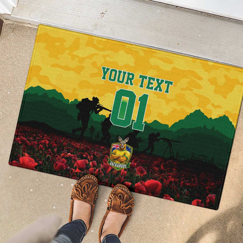 Personalized Australian Jackaroos ANZAC Rubber Doormat Poppy Field Soldiers Silhouette Sunset Commemorative Design