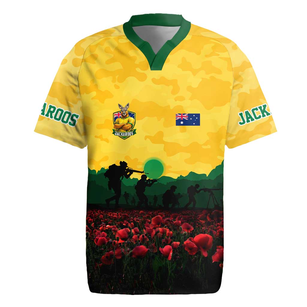 Personalized Australian Jackaroos ANZAC Rugby Jersey Poppy Field Soldiers Silhouette Sunset Commemorative Design