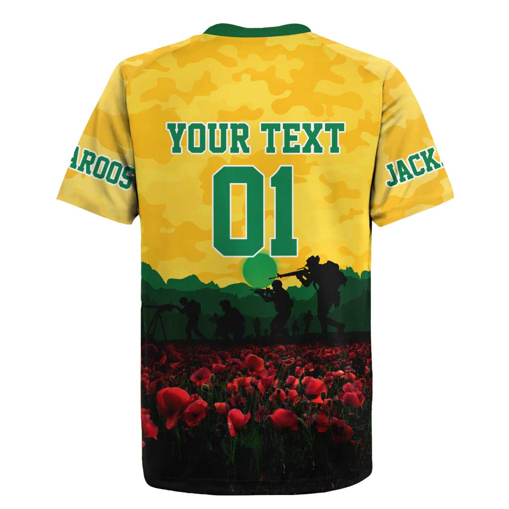 Personalized Australian Jackaroos ANZAC Rugby Jersey Poppy Field Soldiers Silhouette Sunset Commemorative Design