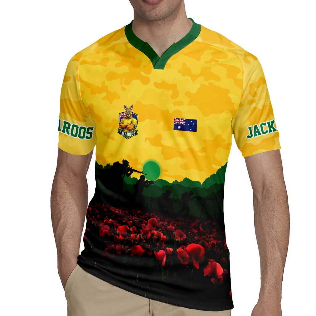 Personalized Australian Jackaroos ANZAC Rugby Jersey Poppy Field Soldiers Silhouette Sunset Commemorative Design