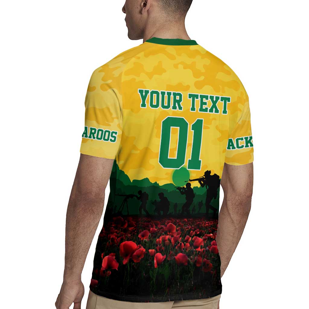 Personalized Australian Jackaroos ANZAC Rugby Jersey Poppy Field Soldiers Silhouette Sunset Commemorative Design