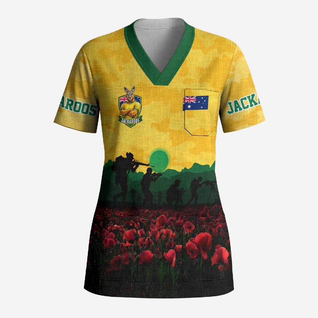 Personalized Australian Jackaroos ANZAC Scrub Top Poppy Field Soldiers Silhouette Sunset Commemorative Design