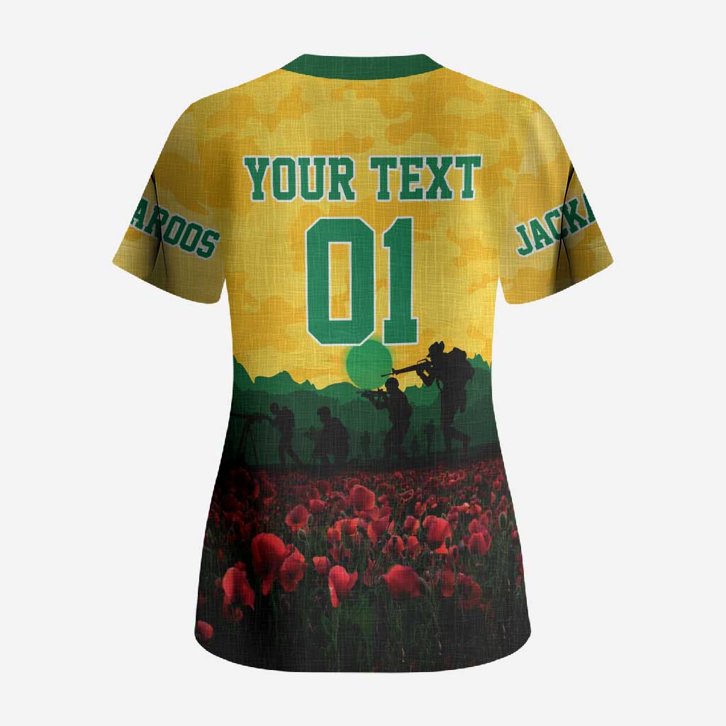 Personalized Australian Jackaroos ANZAC Scrub Top Poppy Field Soldiers Silhouette Sunset Commemorative Design