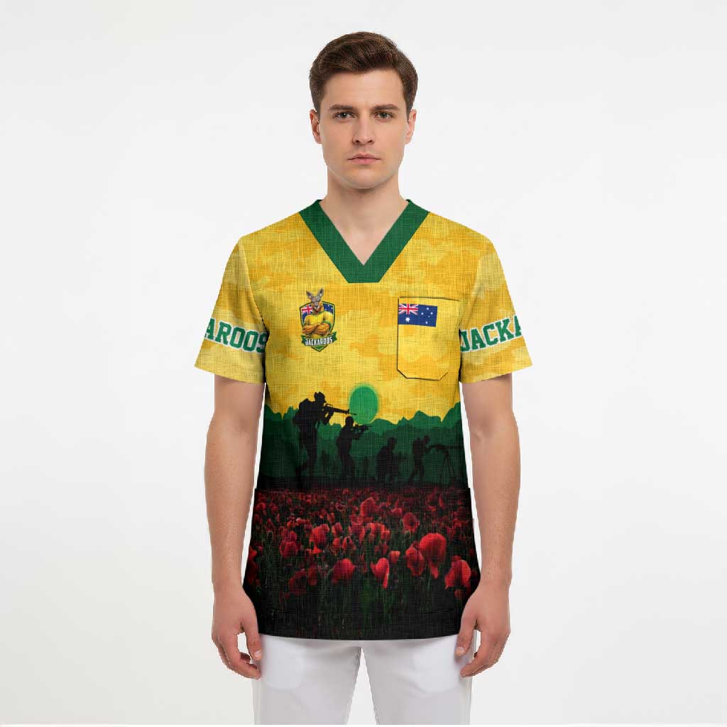 Personalized Australian Jackaroos ANZAC Scrub Top Poppy Field Soldiers Silhouette Sunset Commemorative Design