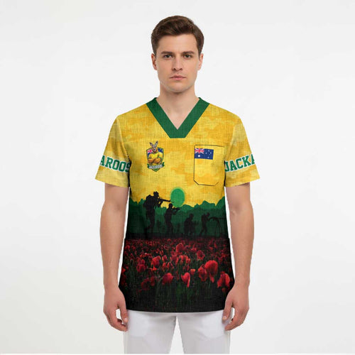 Personalized Australian Jackaroos ANZAC Scrub Top Poppy Field Soldiers Silhouette Sunset Commemorative Design