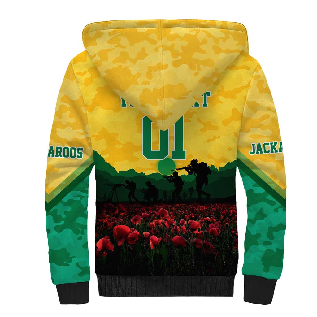 Personalized Australian Jackaroos ANZAC Sherpa Hoodie Poppy Field Soldiers Silhouette Sunset Commemorative Design