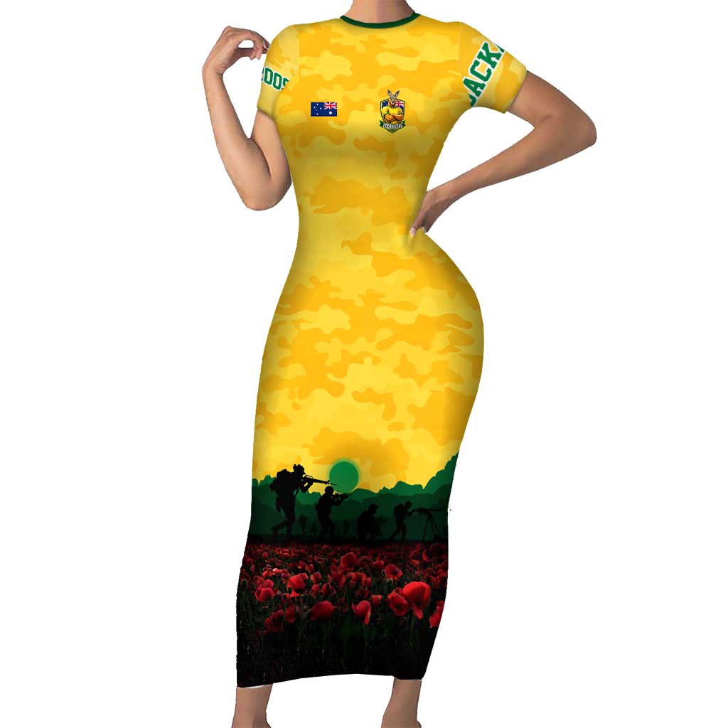 Personalized Australian Jackaroos ANZAC Short Sleeve Bodycon Dress Poppy Field Soldiers Silhouette Sunset Commemorative Design