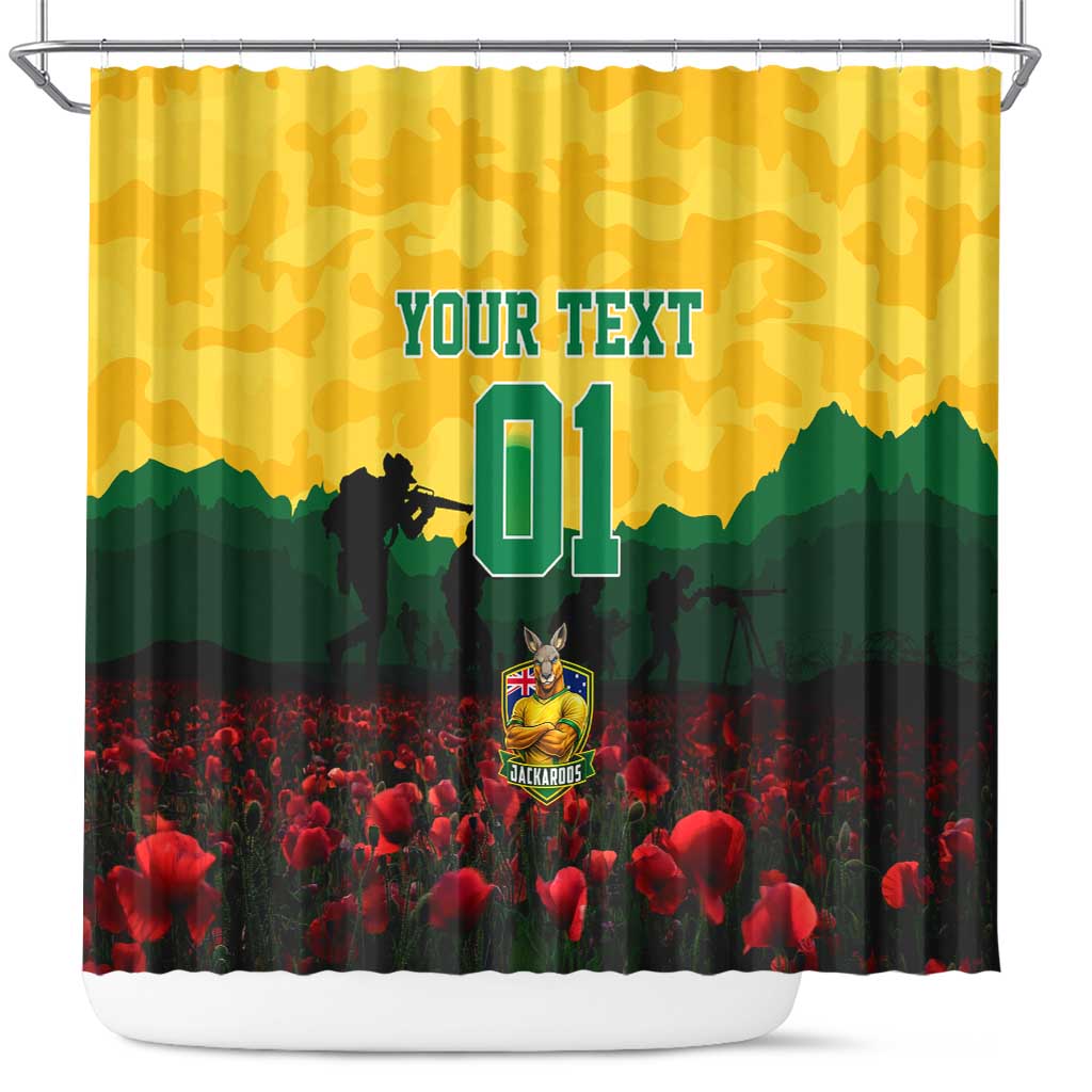 Personalized Australian Jackaroos ANZAC Shower Curtain Poppy Field Soldiers Silhouette Sunset Commemorative Design