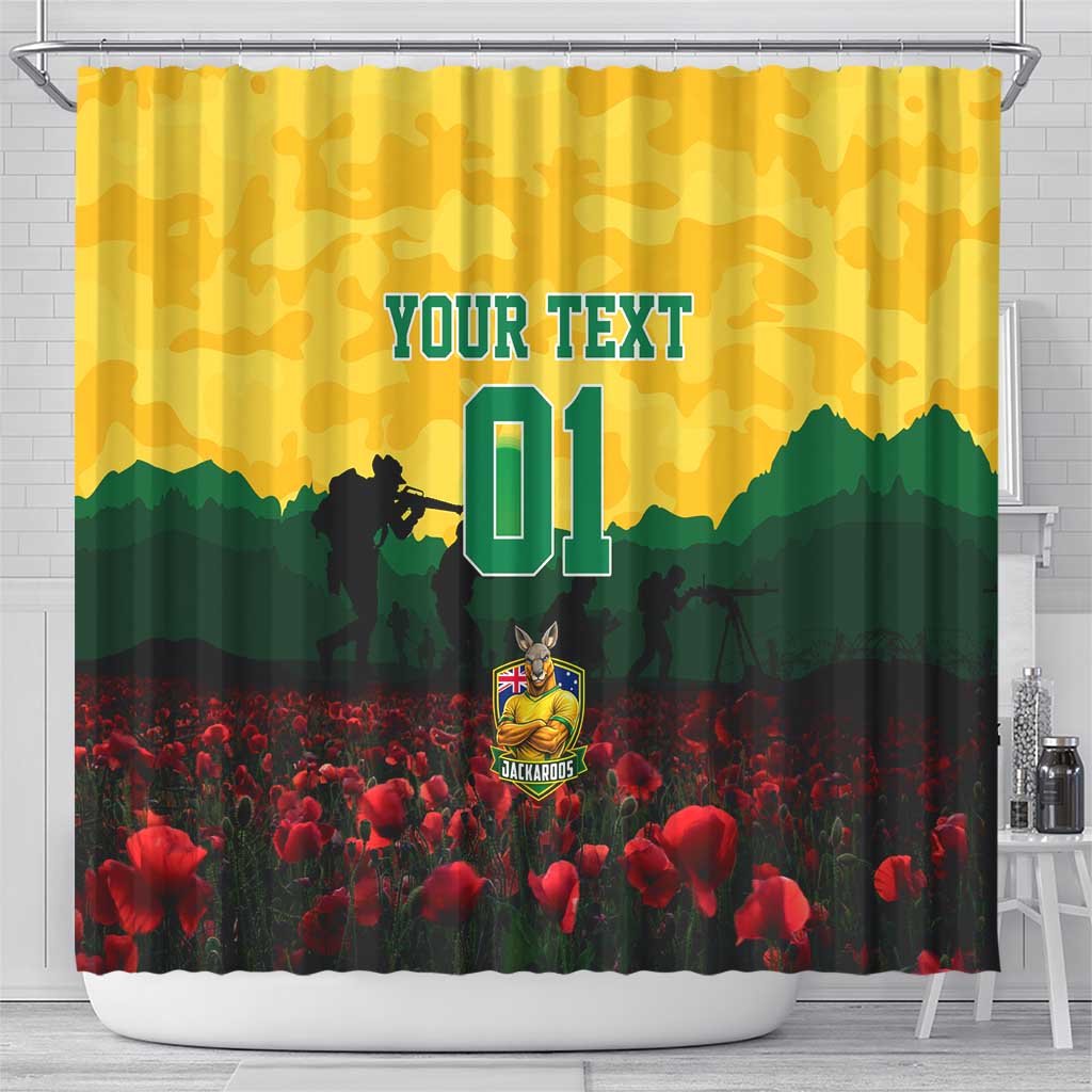 Personalized Australian Jackaroos ANZAC Shower Curtain Poppy Field Soldiers Silhouette Sunset Commemorative Design