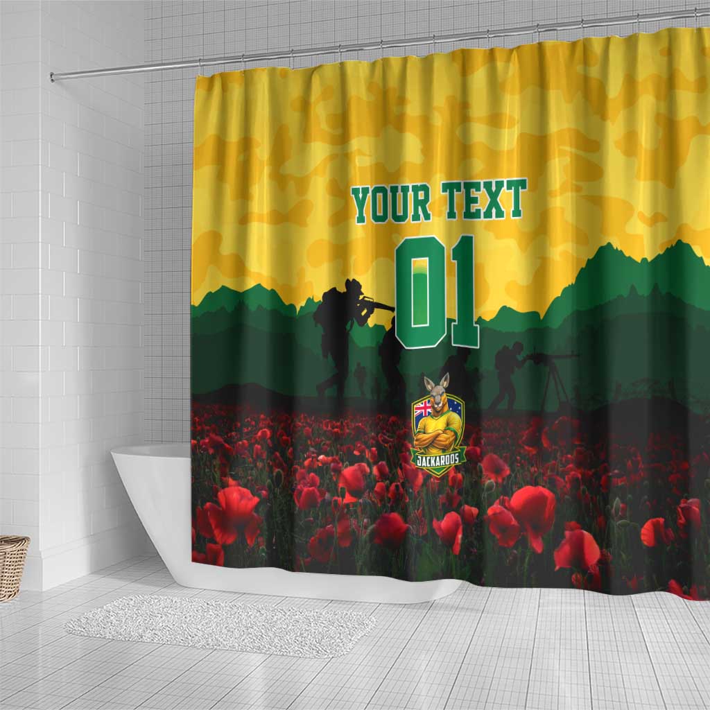 Personalized Australian Jackaroos ANZAC Shower Curtain Poppy Field Soldiers Silhouette Sunset Commemorative Design