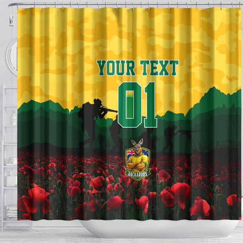 Personalized Australian Jackaroos ANZAC Shower Curtain Poppy Field Soldiers Silhouette Sunset Commemorative Design