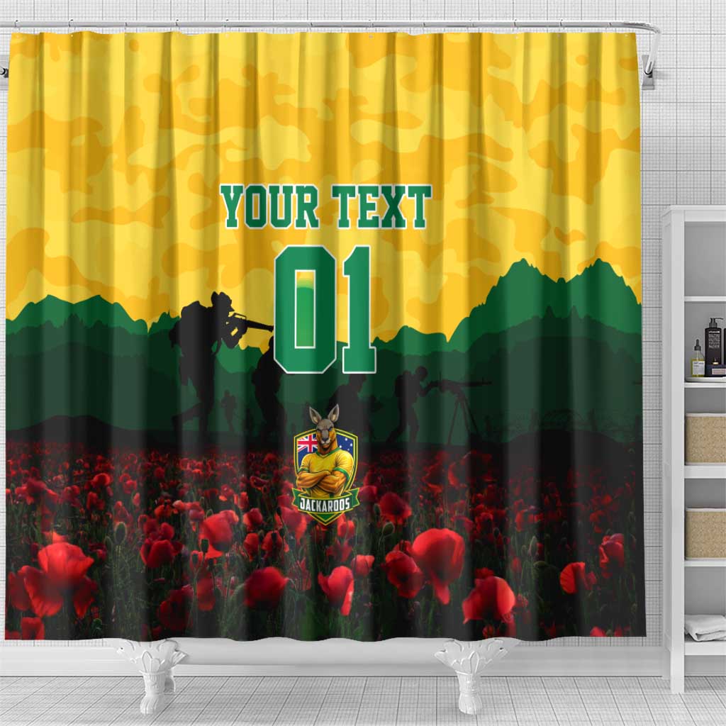 Personalized Australian Jackaroos ANZAC Shower Curtain Poppy Field Soldiers Silhouette Sunset Commemorative Design