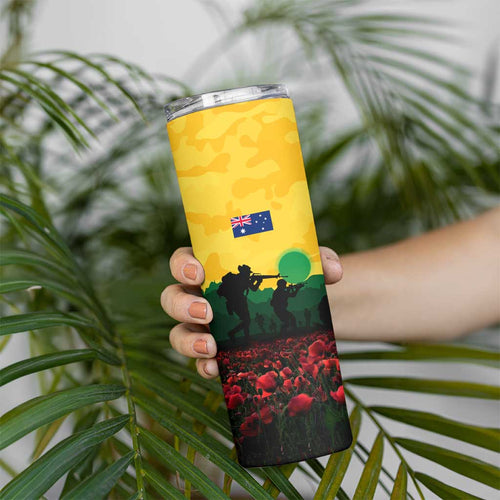 Personalized Australian Jackaroos ANZAC Skinny Tumbler Poppy Field Soldiers Silhouette Sunset Commemorative Design