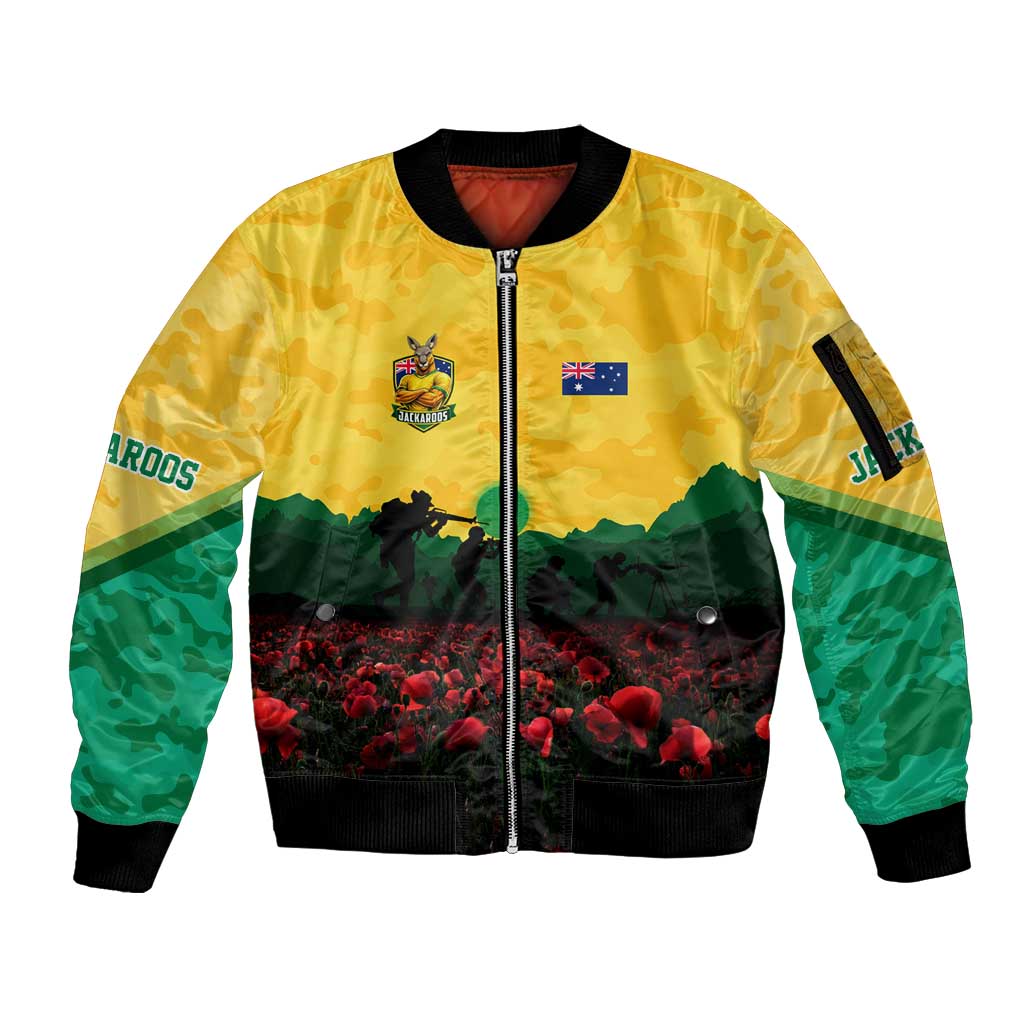 Personalized Australian Jackaroos ANZAC Sleeve Zip Bomber Jacket Poppy Field Soldiers Silhouette Sunset Commemorative Design