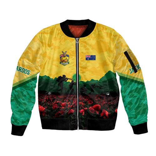 Personalized Australian Jackaroos ANZAC Sleeve Zip Bomber Jacket Poppy Field Soldiers Silhouette Sunset Commemorative Design