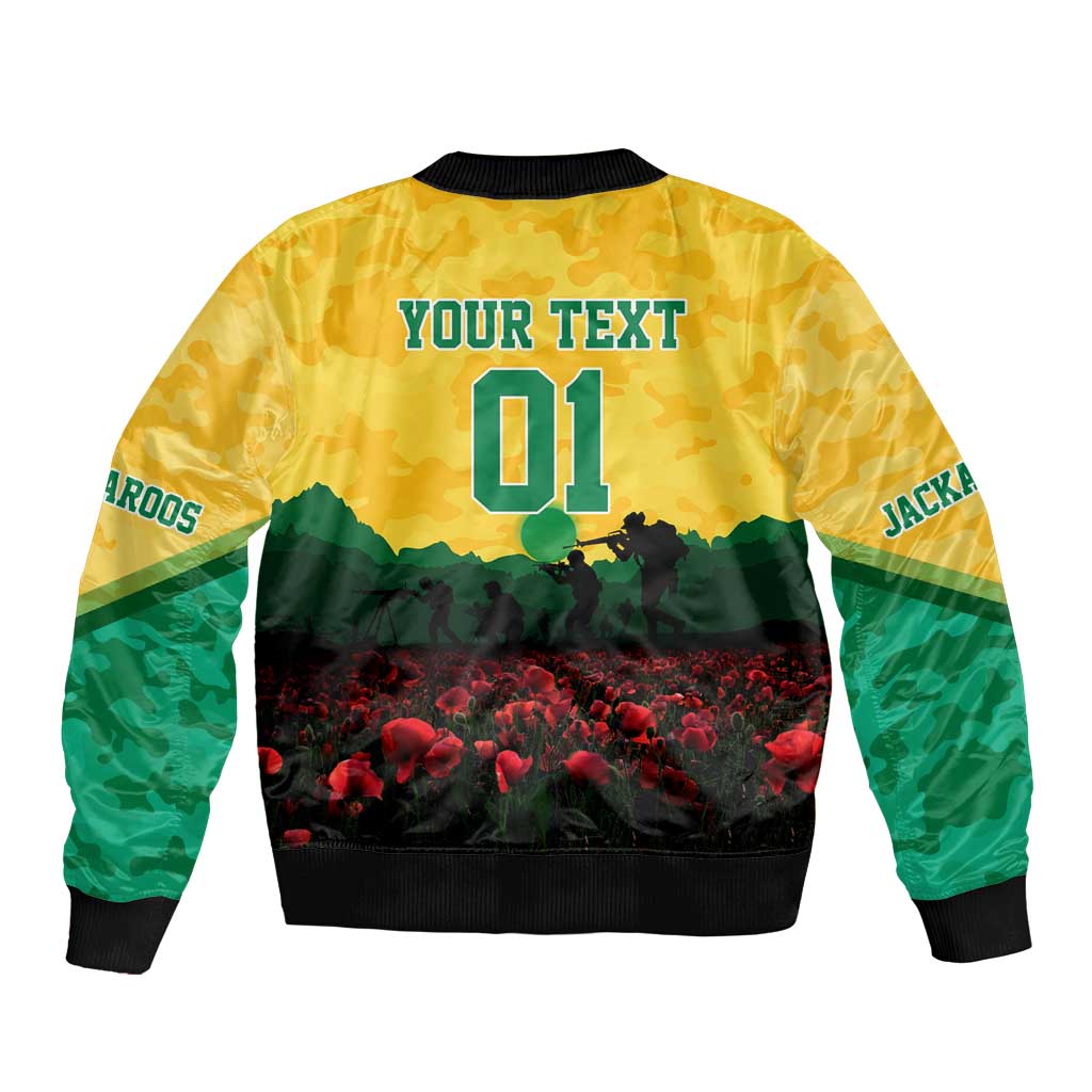 Personalized Australian Jackaroos ANZAC Sleeve Zip Bomber Jacket Poppy Field Soldiers Silhouette Sunset Commemorative Design