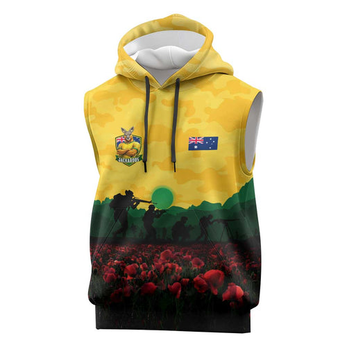 Personalized Australian Jackaroos ANZAC Sleeveless Hoodie Poppy Field Soldiers Silhouette Sunset Commemorative Design
