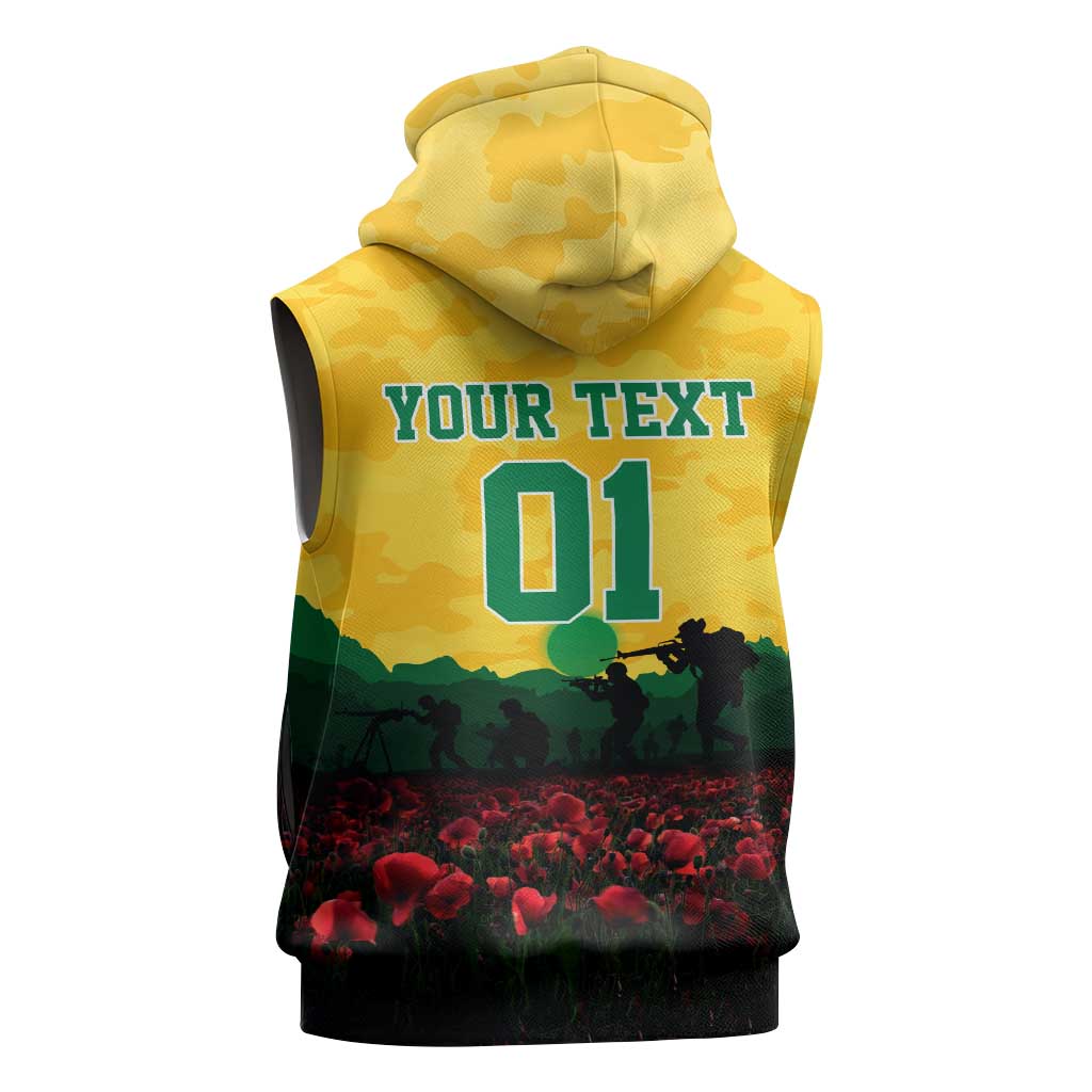 Personalized Australian Jackaroos ANZAC Sleeveless Hoodie Poppy Field Soldiers Silhouette Sunset Commemorative Design