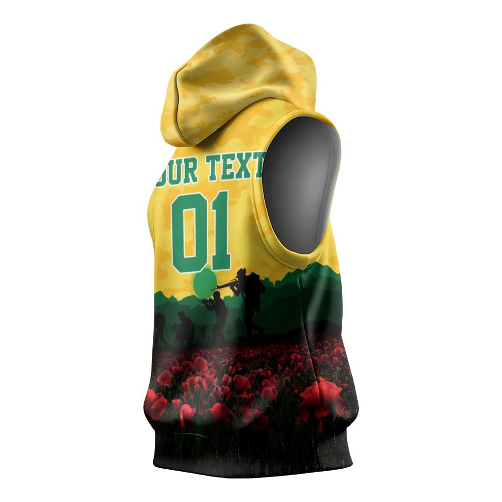 Personalized Australian Jackaroos ANZAC Sleeveless Hoodie Poppy Field Soldiers Silhouette Sunset Commemorative Design