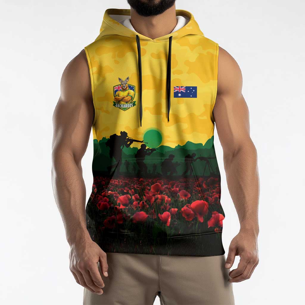 Personalized Australian Jackaroos ANZAC Sleeveless Hoodie Poppy Field Soldiers Silhouette Sunset Commemorative Design