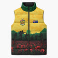 Personalized Australian Jackaroos ANZAC Sleeveless Puffer Jacket Poppy Field Soldiers Silhouette Sunset Commemorative Design