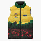 Personalized Australian Jackaroos ANZAC Sleeveless Puffer Jacket Poppy Field Soldiers Silhouette Sunset Commemorative Design