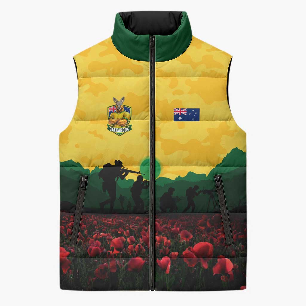 Personalized Australian Jackaroos ANZAC Sleeveless Puffer Jacket Poppy Field Soldiers Silhouette Sunset Commemorative Design