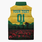 Personalized Australian Jackaroos ANZAC Sleeveless Puffer Jacket Poppy Field Soldiers Silhouette Sunset Commemorative Design