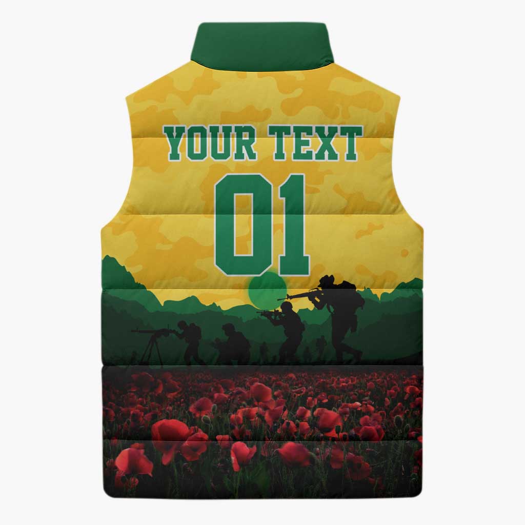 Personalized Australian Jackaroos ANZAC Sleeveless Puffer Jacket Poppy Field Soldiers Silhouette Sunset Commemorative Design