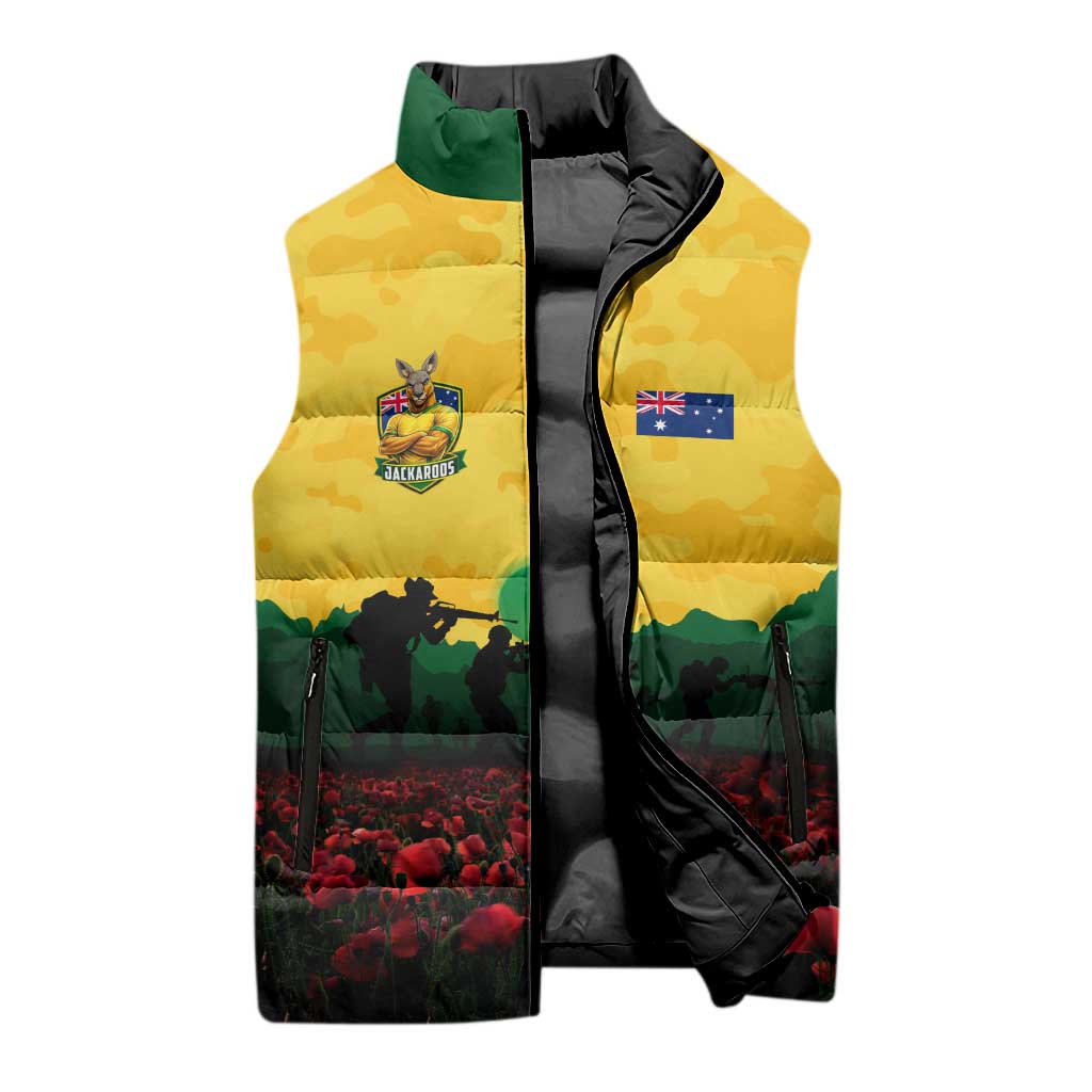 Personalized Australian Jackaroos ANZAC Sleeveless Puffer Jacket Poppy Field Soldiers Silhouette Sunset Commemorative Design