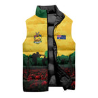 Personalized Australian Jackaroos ANZAC Sleeveless Puffer Jacket Poppy Field Soldiers Silhouette Sunset Commemorative Design