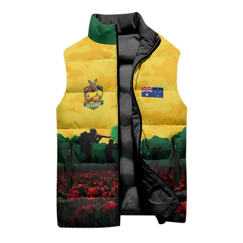 Personalized Australian Jackaroos ANZAC Sleeveless Puffer Jacket Poppy Field Soldiers Silhouette Sunset Commemorative Design