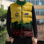 Personalized Australian Jackaroos ANZAC Sleeveless Puffer Jacket Poppy Field Soldiers Silhouette Sunset Commemorative Design