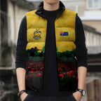 Personalized Australian Jackaroos ANZAC Sleeveless Puffer Jacket Poppy Field Soldiers Silhouette Sunset Commemorative Design