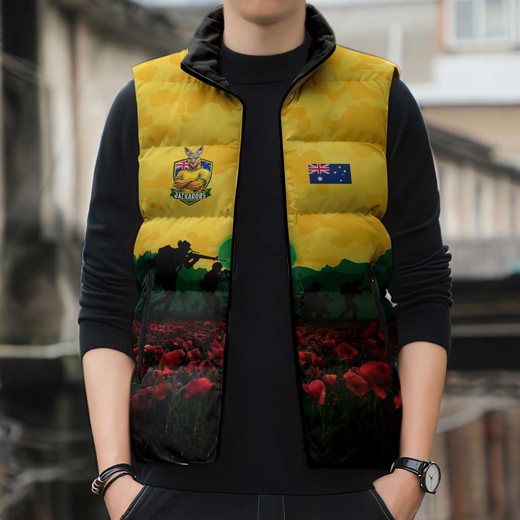 Personalized Australian Jackaroos ANZAC Sleeveless Puffer Jacket Poppy Field Soldiers Silhouette Sunset Commemorative Design