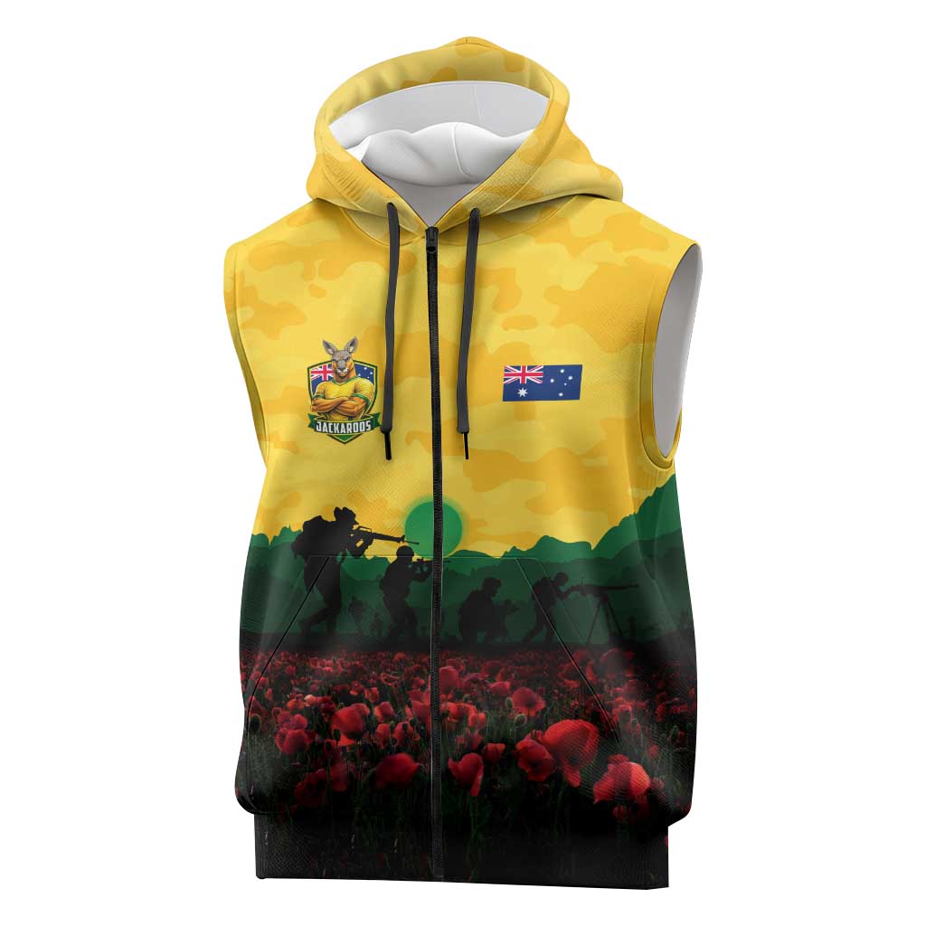 Personalized Australian Jackaroos ANZAC Sleeveless Zip Hoodie Poppy Field Soldiers Silhouette Sunset Commemorative Design