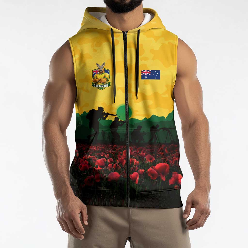 Personalized Australian Jackaroos ANZAC Sleeveless Zip Hoodie Poppy Field Soldiers Silhouette Sunset Commemorative Design