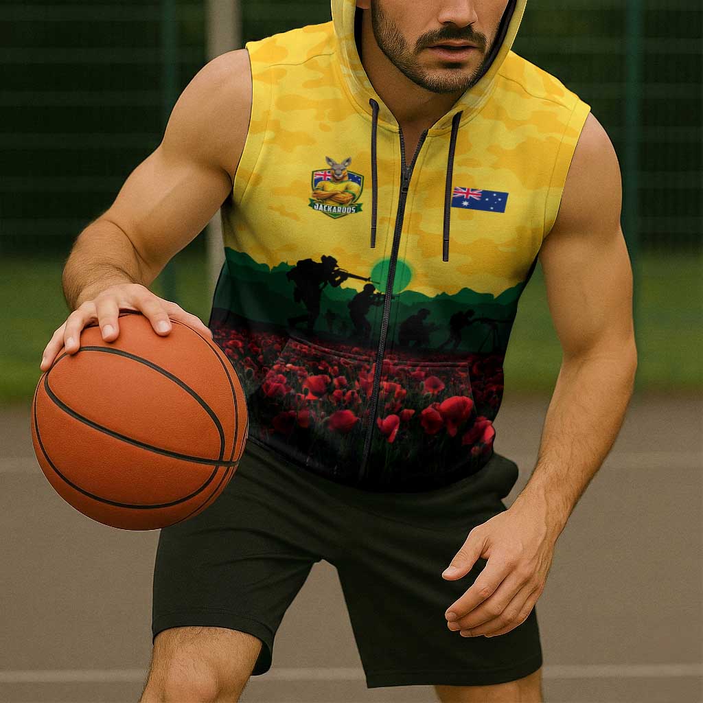 Personalized Australian Jackaroos ANZAC Sleeveless Zip Hoodie Poppy Field Soldiers Silhouette Sunset Commemorative Design