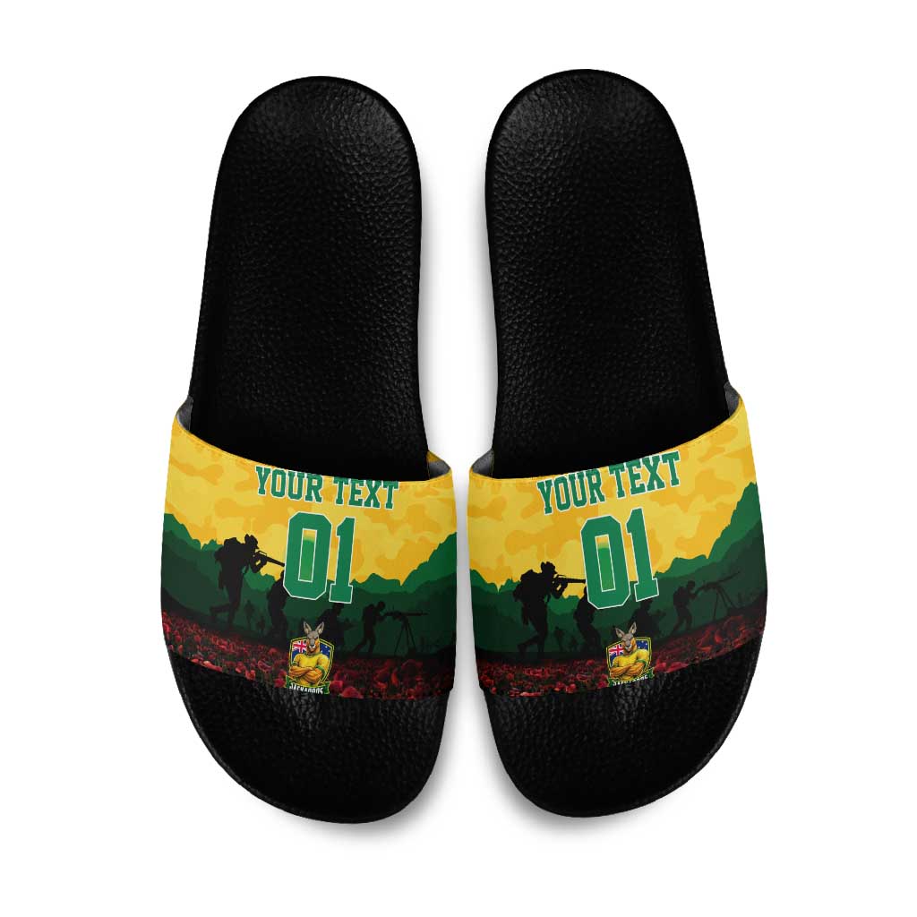 Personalized Australian Jackaroos ANZAC Slide Sandals Poppy Field Soldiers Silhouette Sunset Commemorative Design