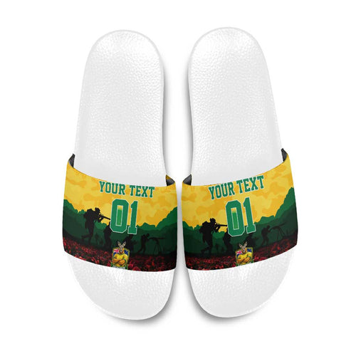 Personalized Australian Jackaroos ANZAC Slide Sandals Poppy Field Soldiers Silhouette Sunset Commemorative Design