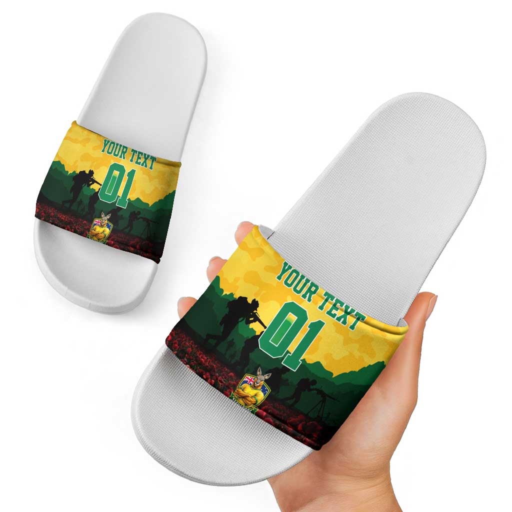 Personalized Australian Jackaroos ANZAC Slide Sandals Poppy Field Soldiers Silhouette Sunset Commemorative Design