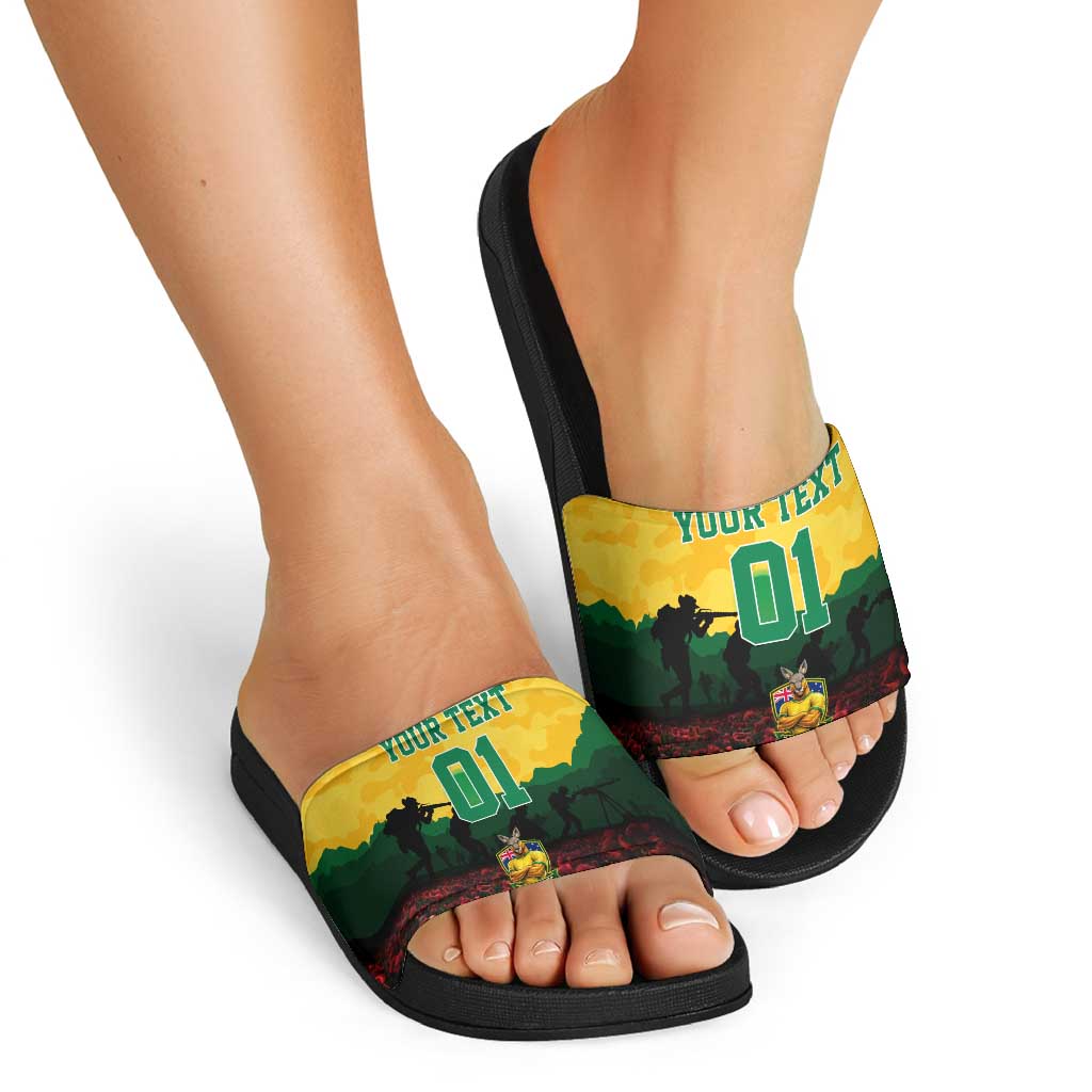 Personalized Australian Jackaroos ANZAC Slide Sandals Poppy Field Soldiers Silhouette Sunset Commemorative Design