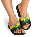 Personalized Australian Jackaroos ANZAC Slide Sandals Poppy Field Soldiers Silhouette Sunset Commemorative Design